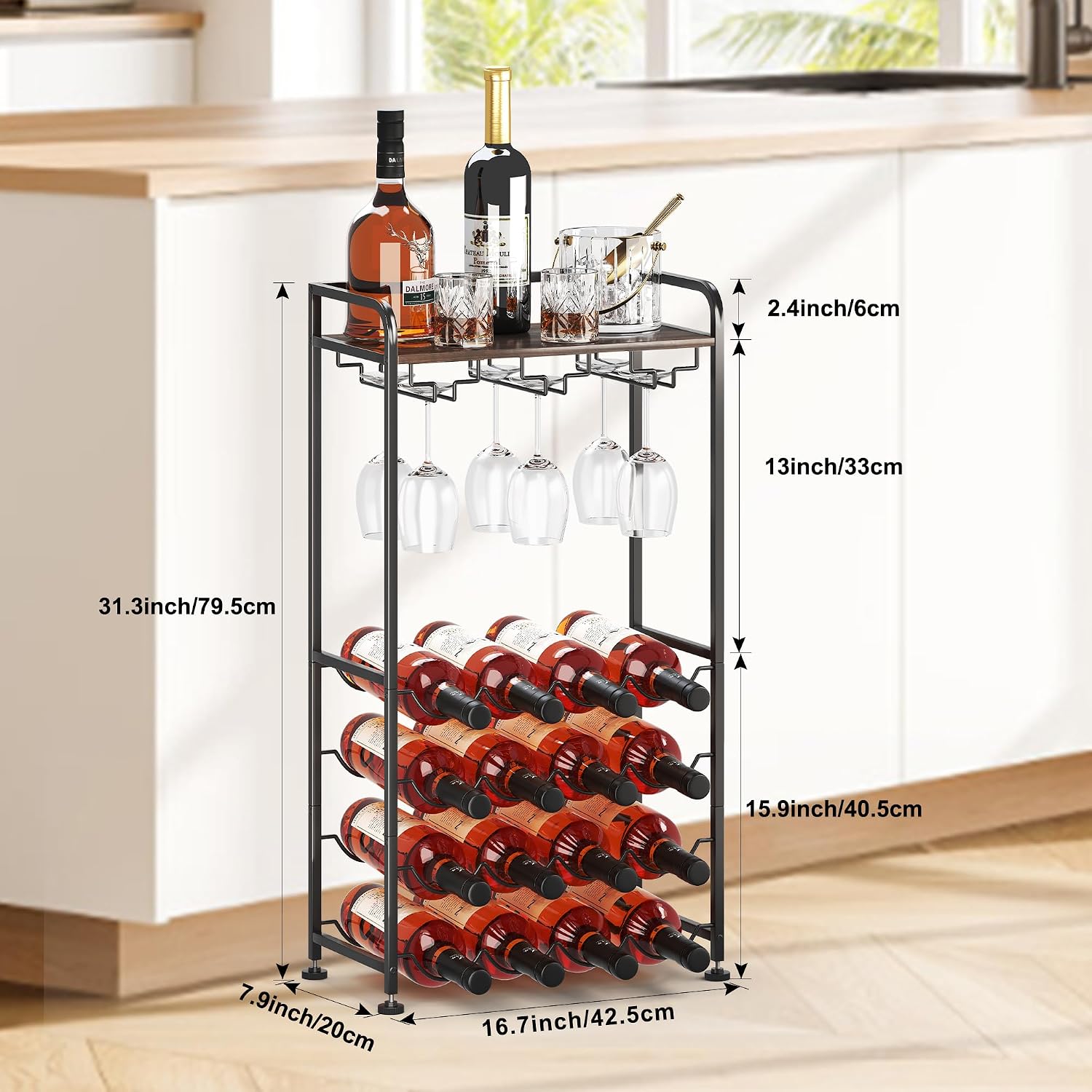 Freestanding Floor Wine Rack,16 Bottles Wine Shelf for Kitchen,Dining Room,Home,Office, Bar,Perfect Combination of Wood and Metal, Easy to Install