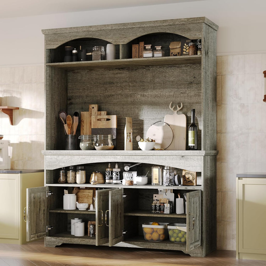 70.9" H Kitchen Pantry Storage Cabinet with Microwave Stand, Shelves & Doors, Farmhouse Tall Cupboard Console Table with Adjustable Shelves & Vintage Handles for Living Dining Room