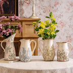 Vintage Ceramic Pitcher Vase with Handle 7.3”, Green & Purple Floral Farmhouse Vase, French Country Decorative Centerpiece for Living Room, Bookshelf