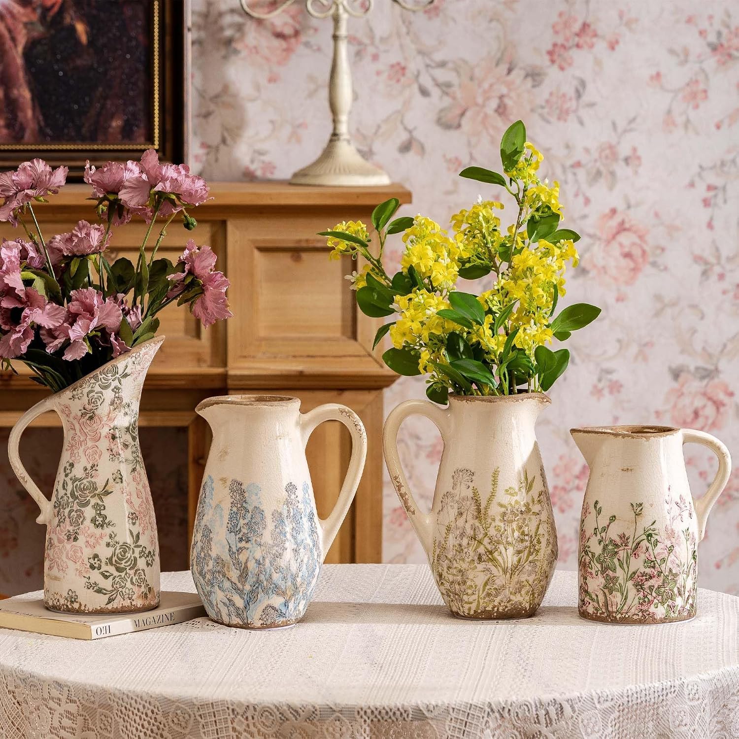 Vintage Ceramic Pitcher Vase with Handle 7.3”, Green & Purple Floral Farmhouse Vase, French Country Decorative Centerpiece for Living Room, Bookshelf