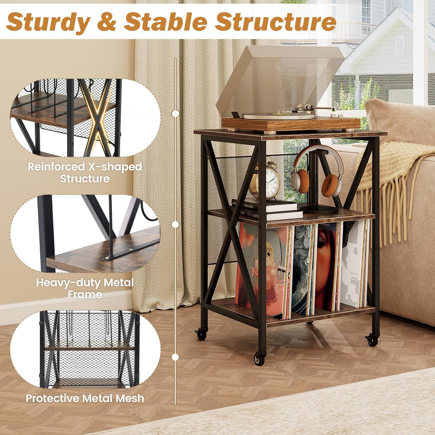 GOFLAME Record Player Stand with Power Outlet, 3-Tier Industrial Rolling Turntable Stand with 3 Vinyl Record Storage Dividers, Adjustable Shelf & Wheels for Living Room, Bedroom, Rustic Brown