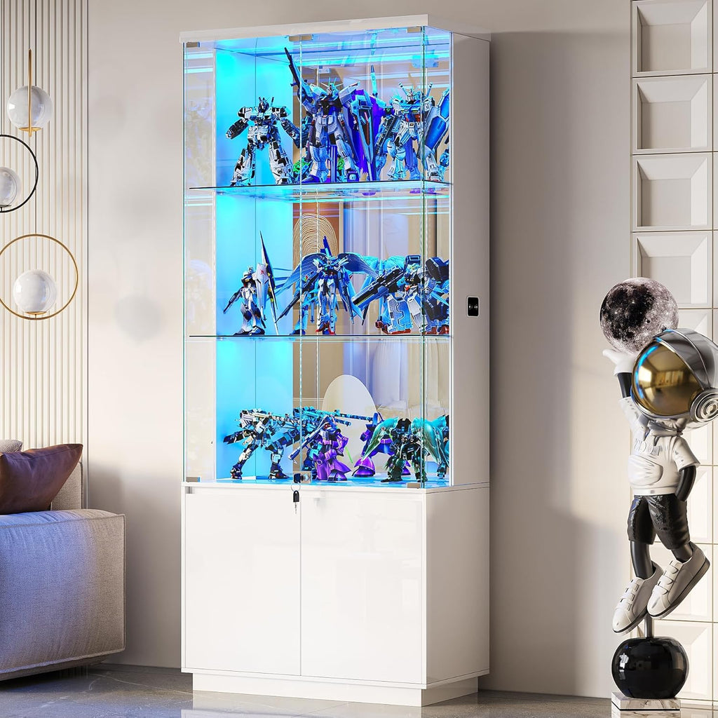 Lvifur 71” Tall Display Cabinet with Glass Doors, Modern Curio Cabinet Display Cases for Collectibles, Living Room Bookcase Locking Cabinet with Lights & Human Body Sensor, Gift for Father (White)