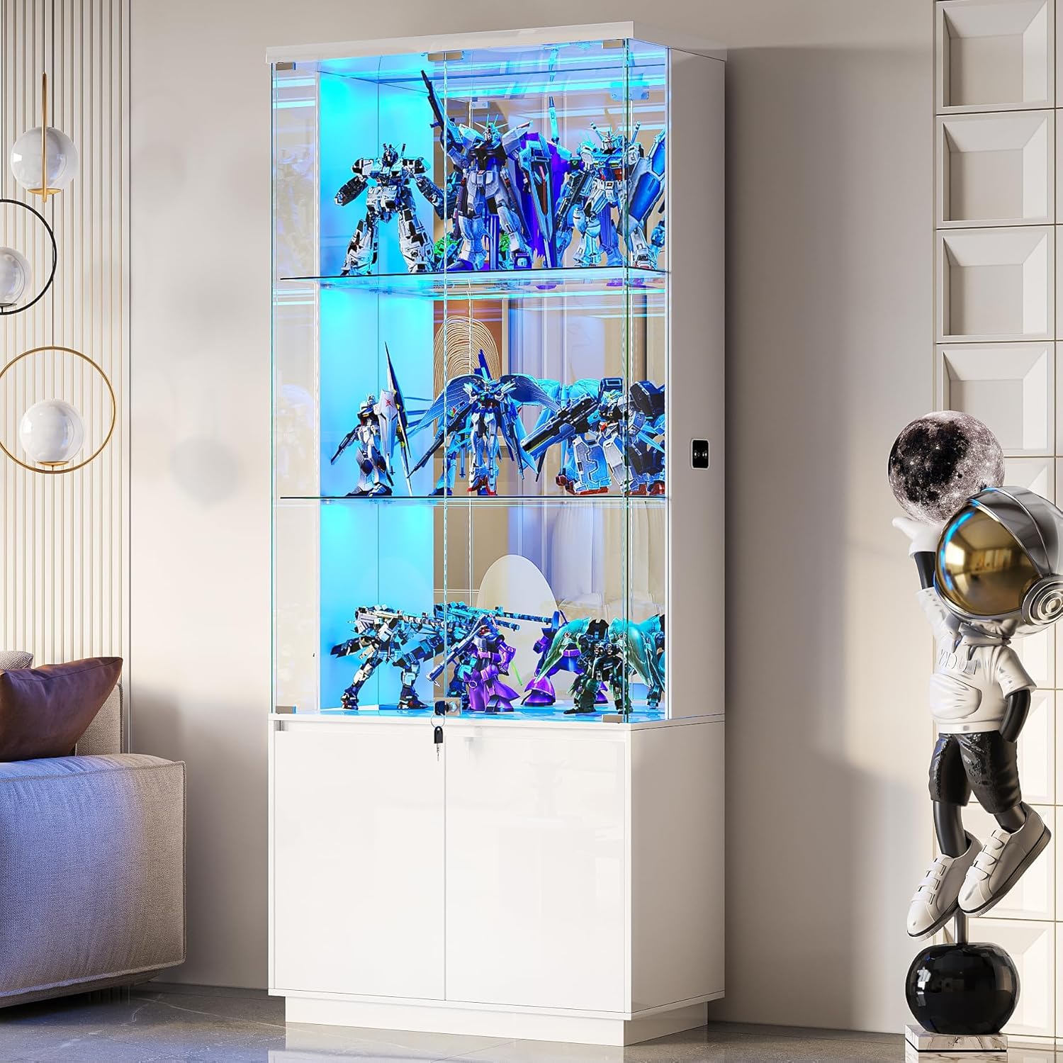 Lvifur 71” Tall Display Cabinet with Glass Doors, Modern Curio Cabinet Display Cases for Collectibles, Living Room Bookcase Locking Cabinet with Lights & Human Body Sensor, Gift for Father (White)