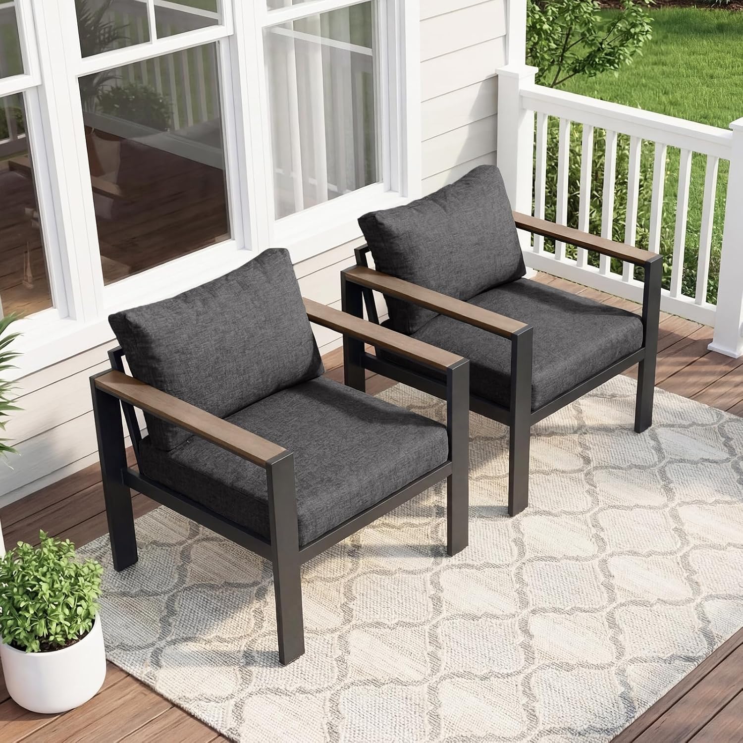 Outdoor Patio Furniture Set 2 Pieces Armchair with Washable Thick Cushions, Luxury Aluminum Patio Furniture Chair Modern Outside Sectional Set for Porch, Balcony, Deck, Yard, Dark Gray