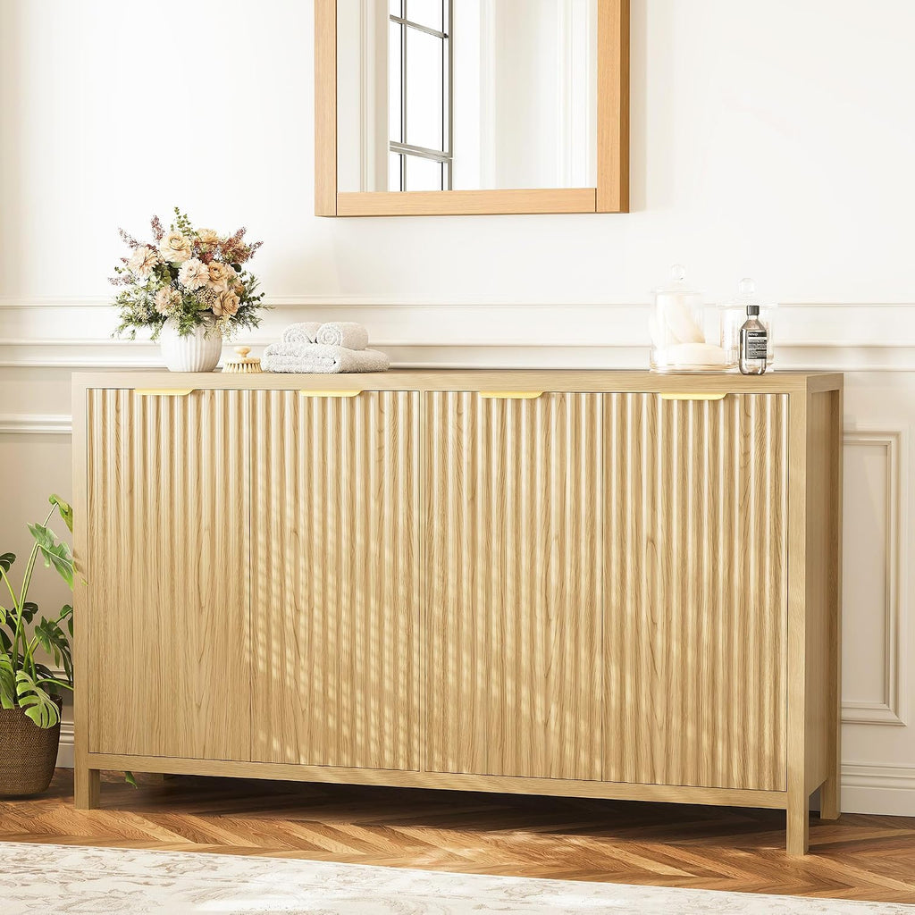 Fluted Buffet Cabinet with Storage, 55" Sideboard Cabinet with 4 Doors, Modern Credenza Accent Console Cabinet Coffee Bar Table for Living Room Dining Room Hallway, Oak