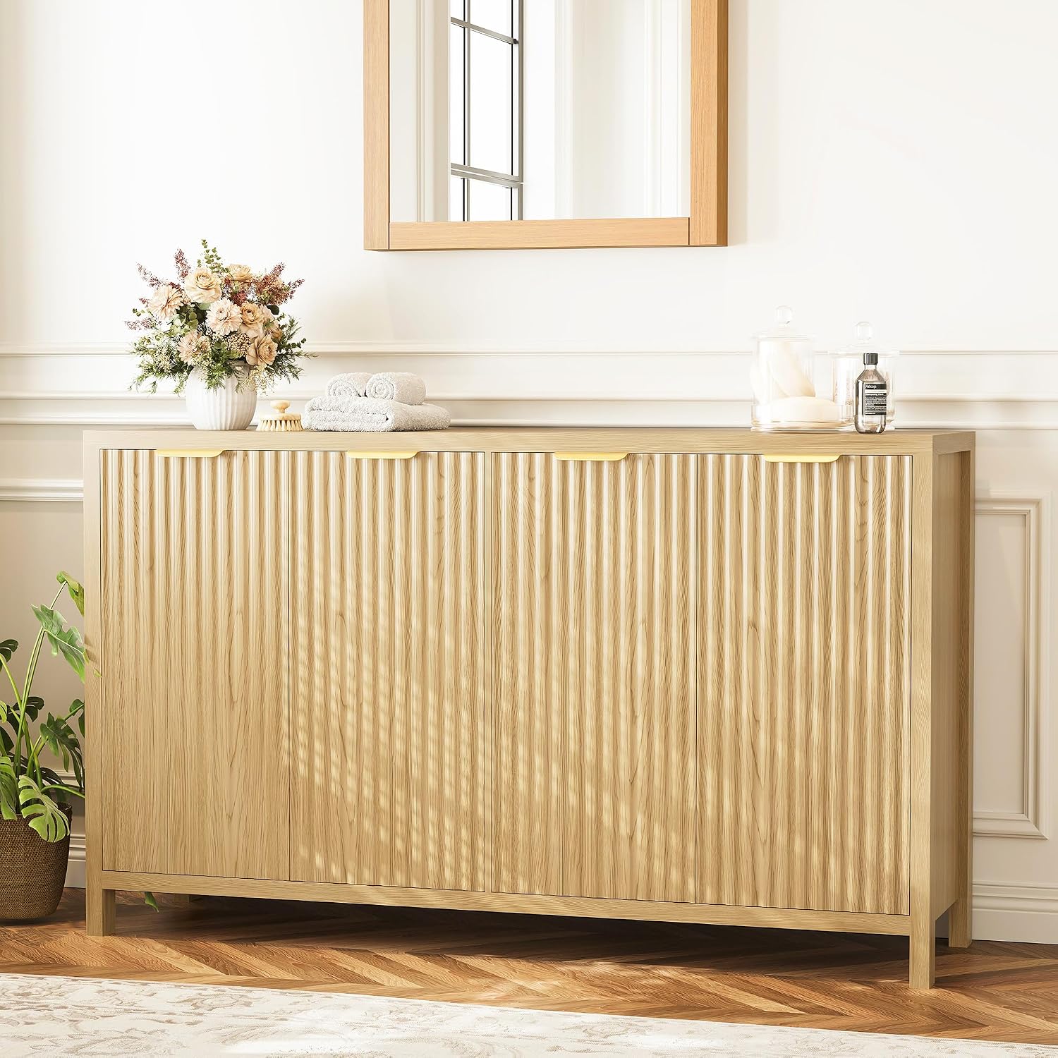 Fluted Buffet Cabinet with Storage, 55" Sideboard Cabinet with 4 Doors, Modern Credenza Accent Console Cabinet Coffee Bar Table for Living Room Dining Room Hallway, Oak
