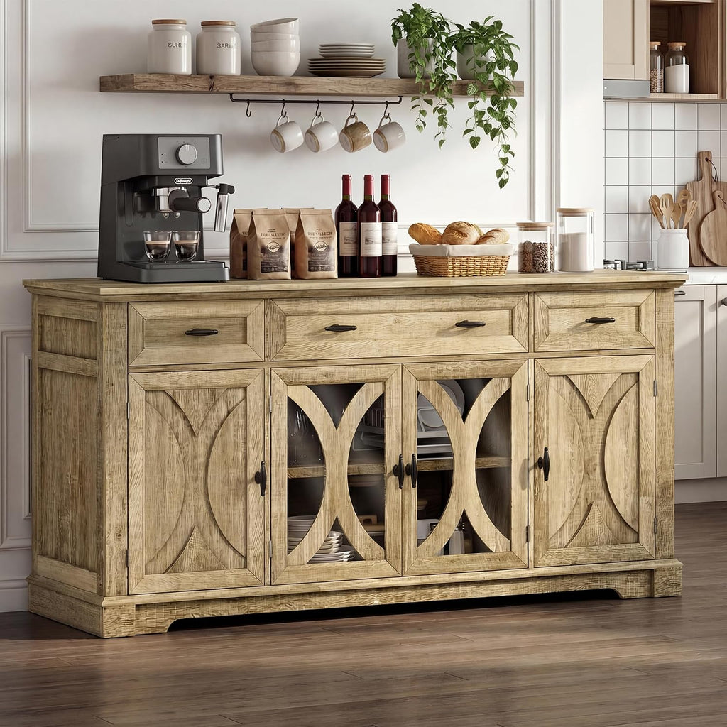 Einhomn 64" Farmhouse Sideboard Cabinet with 3 Drawers and 4 Doors, Buffet Cabinet with Adjustable Shelves and Curved Glass Doors, Large Storage Cabinet for Dining Room, Living Room, Kitchen,Natural