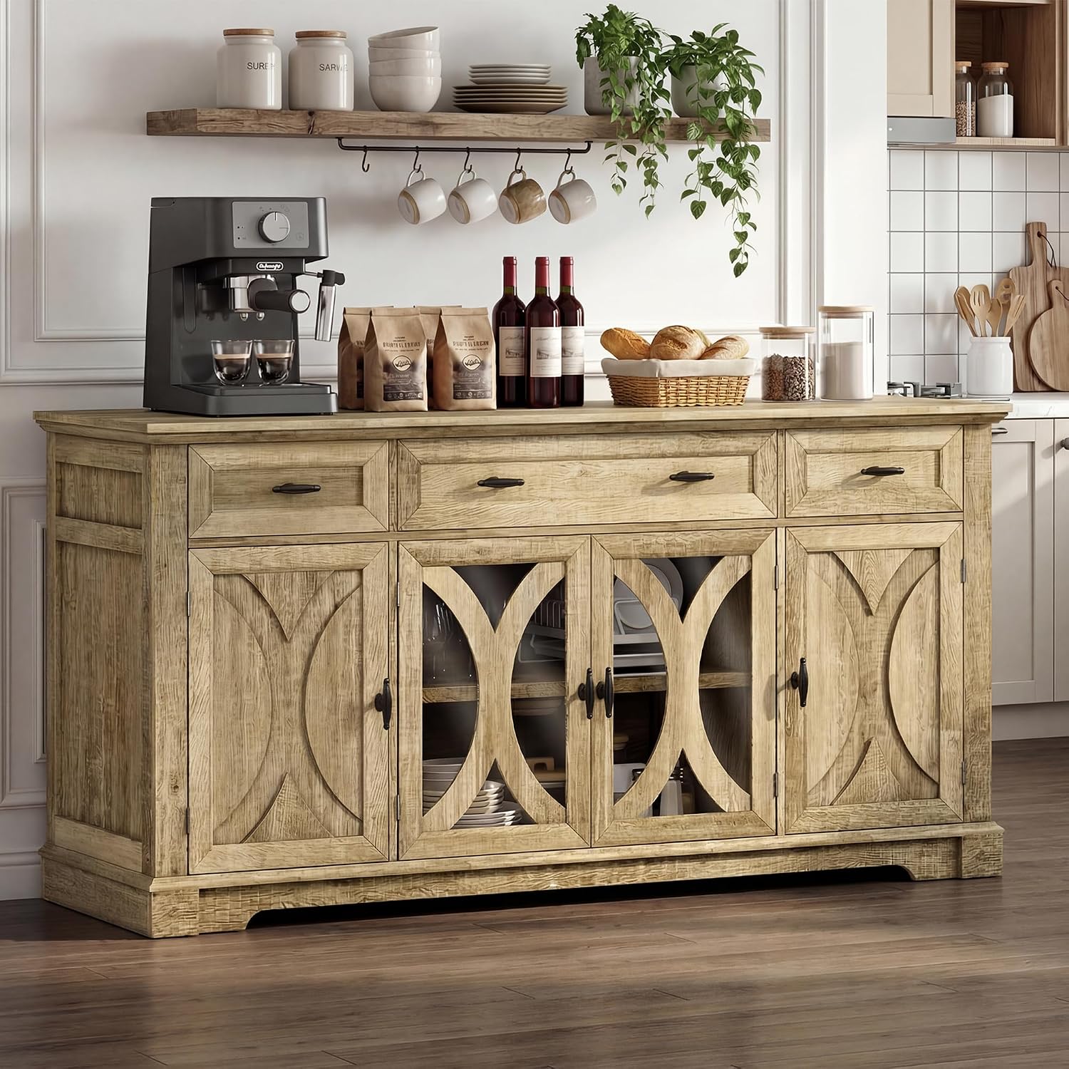 Einhomn 64" Farmhouse Sideboard Cabinet with 3 Drawers and 4 Doors, Buffet Cabinet with Adjustable Shelves and Curved Glass Doors, Large Storage Cabinet for Dining Room, Living Room, Kitchen,Natural