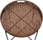 Retro Foldable Imitation Rattan Round Coffee Table, Imitation Wicker Wooden End Table with Removable Tray and 10lbs Load Capacity, for Living Room, Bedroom, Office, Bathroom, Bar, Balcony