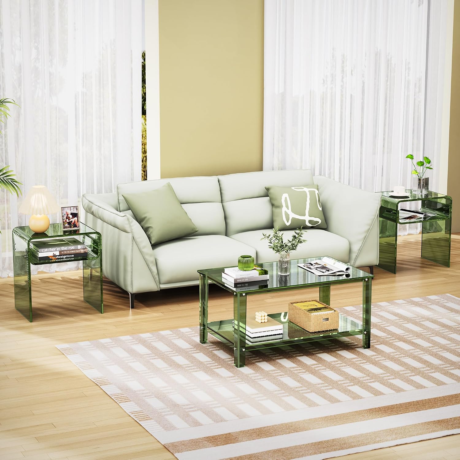 Clear Acrylic End Table 2-Tier Bedside Nightstand for Living Room Bedroom (1, Green Double)