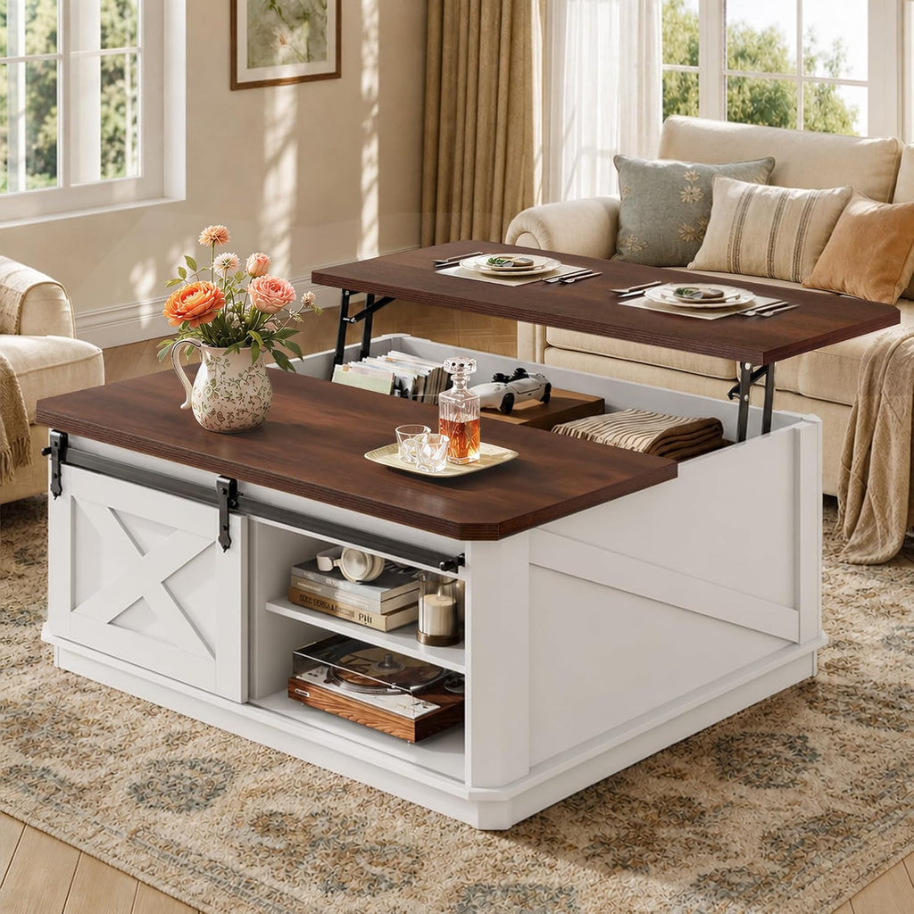 WLIVE Lift Top Coffee Table with Storage, 35.5" Farmhouse Coffee Table for Living Room, Square Center Table with Large Hidden Compartment and Adjustable Shelves White