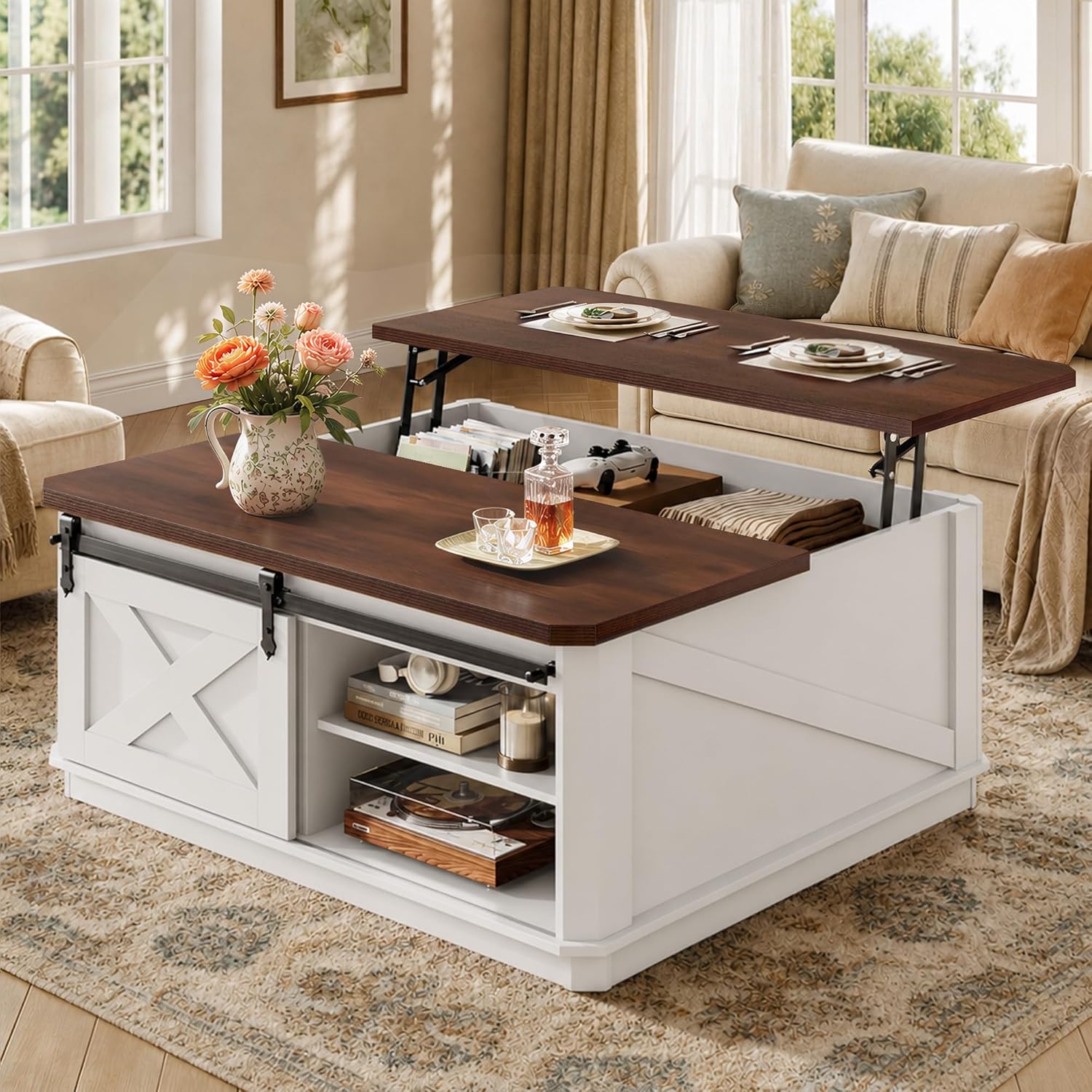 WLIVE Lift Top Coffee Table with Storage, 35.5" Farmhouse Coffee Table for Living Room, Square Center Table with Large Hidden Compartment and Adjustable Shelves White
