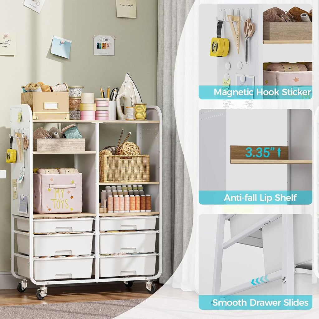 6-Drawer Rolling Storage Cabinet with Wooden Top & Pegboards，Utility Craft Cart with 2 Adjustable Shelves and Lockable Wheels,Mobile Organizer for School Dorm,Classroom,Artroom,Craftroom (White)