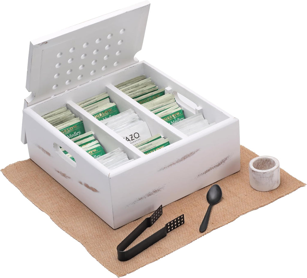 Wooden Tea Bag Organizer | Farmhouse Finish | 9-Compartment Storage | Countertop | Accessories: Tea Bag Squeezer, Natural Jute Placemat, Tea Spoon, Wooden Napkin Ring