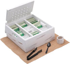 Wooden Tea Bag Organizer | Farmhouse Finish | 9-Compartment Storage | Countertop | Accessories: Tea Bag Squeezer, Natural Jute Placemat, Tea Spoon, Wooden Napkin Ring