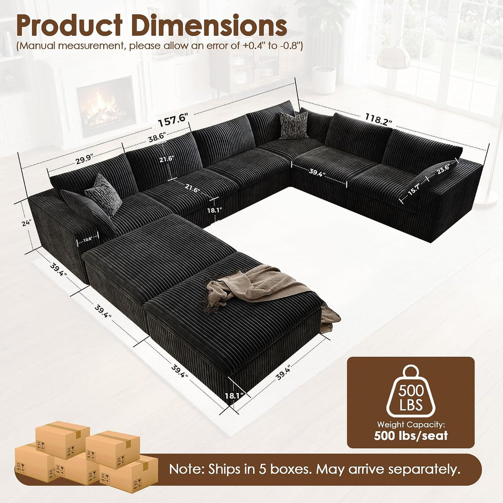 157.6" Cloud Couch Oversized Modular Sectional Sofa, Boneless U-Shaped 8 Seater Deep Seat Couch with Ottoman, Soft Corduroy Upholstery, DIY Combination for Living Room, No Assembly Required, Black
