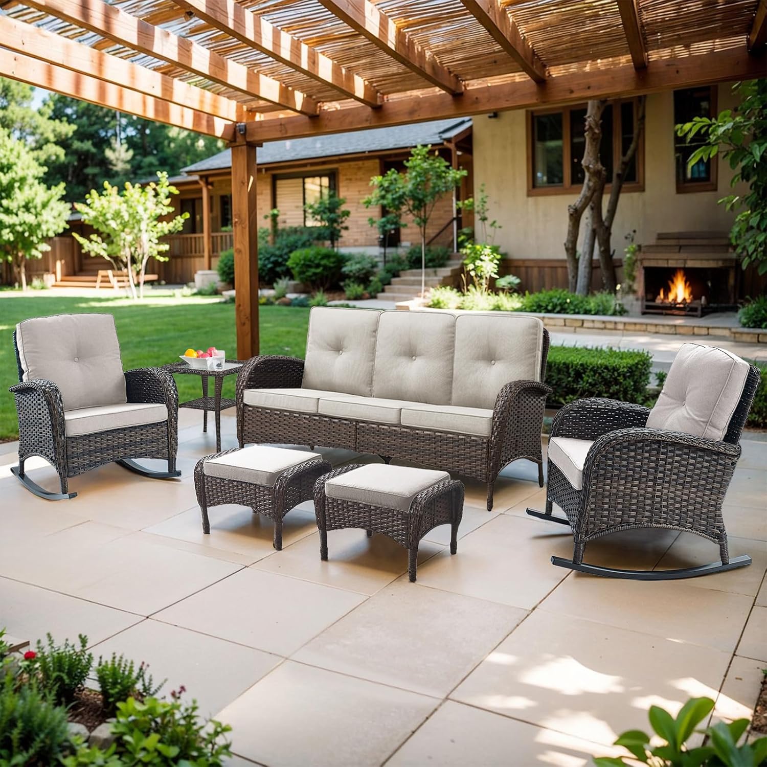 Belord Outdoor Ottomans for Patio Foot Rest - 25 Inch PE Wicker Foot Stool Set of 2 with Removable Cushions for Patio Furniture Sets,All Weather Rattan Ottoman for Balcony Deck Backyard Brown