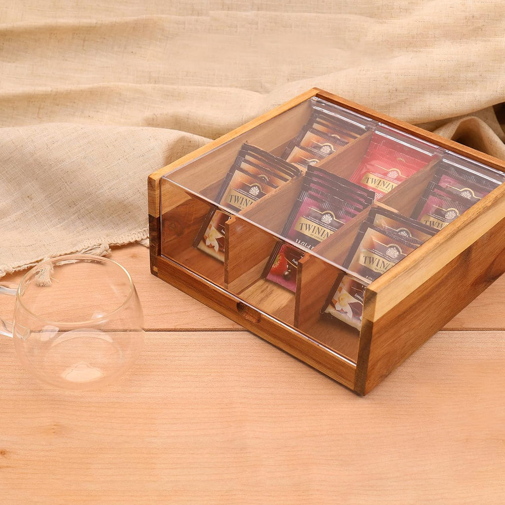 HTB Acacia Wood Tea Bag Organizer Storage Box with 6 Compartments | Tea Chest Box with Clear Acrylic Transparent Hinged Lid,Tea Bag Holder for Kitchen,Office,Bar,Coffee Station
