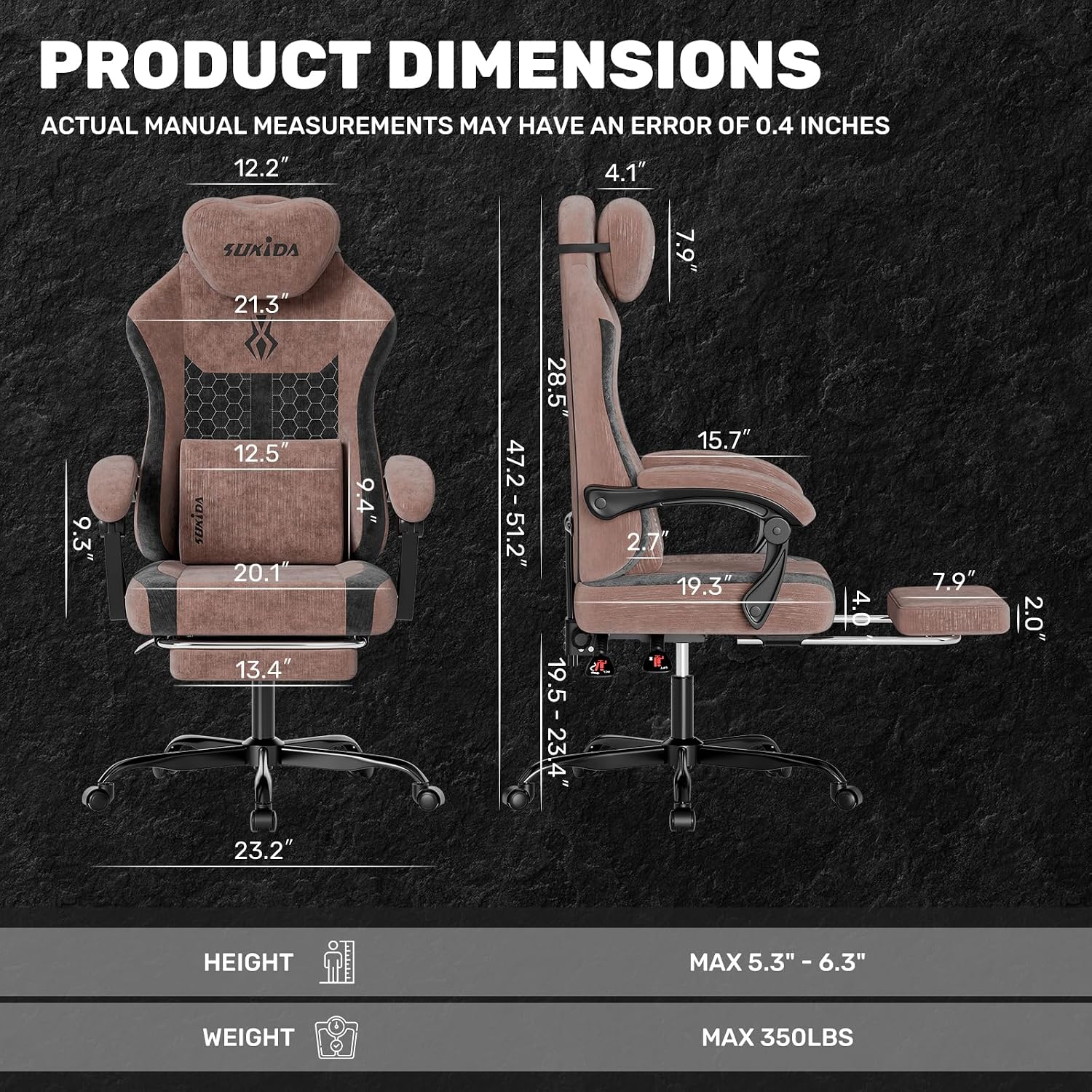 SUKIDA Fabric Video Gaming Chair, Ergonomic High-Back Computer Game Chairs with Large Massage Adjustable Lumbar Support, Headrest and Linked Armrests for Long Hours Sitting Task Chair, Brown