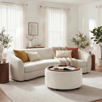 Huatean Home 29.1 Inch Round Coffee Table, Storage Ottoman with Removable Lid Top and Solid Wood Legs, Round Ottoman with Storage for Living Room, Bedroom, Corners, Entryway, Boucle Ottoman, Beige