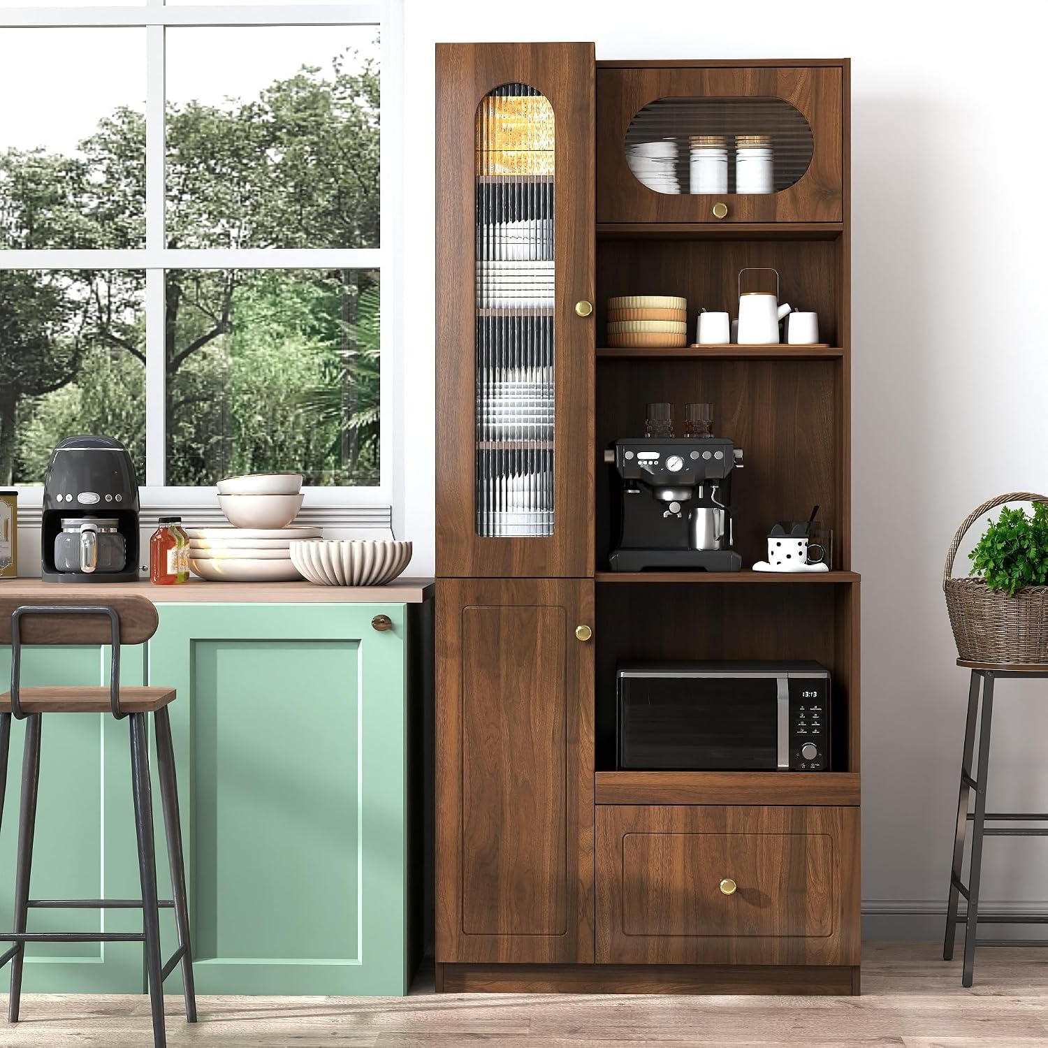 ZeHuoGe Modern Freestanding Kitchen Pantry Cabinet, Multi-Purpose Storage with 7-Layer Pull-Out Shelf, Expandable Pull-Out Organizer with Drawers & Cabinets, for Kitchen, Coffee Bar, Living Room