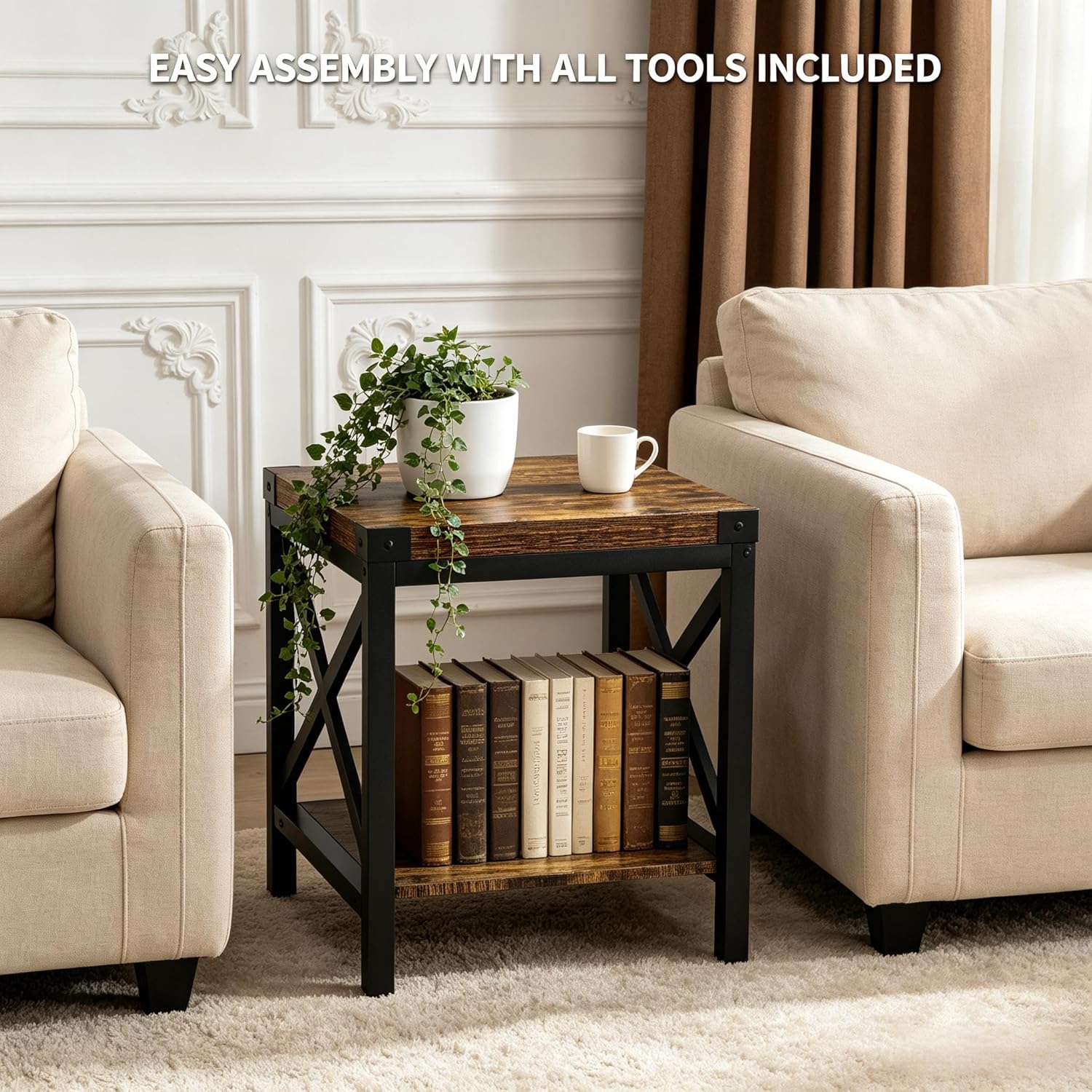 Industrial End Table for Living Room, 18" Large Square Side Table with 2-Tier Storage Shelf, X-Design Metal Frame, Rustic Brown Modern Farmhouse Nightstand Bedside Table for Bedroom Office