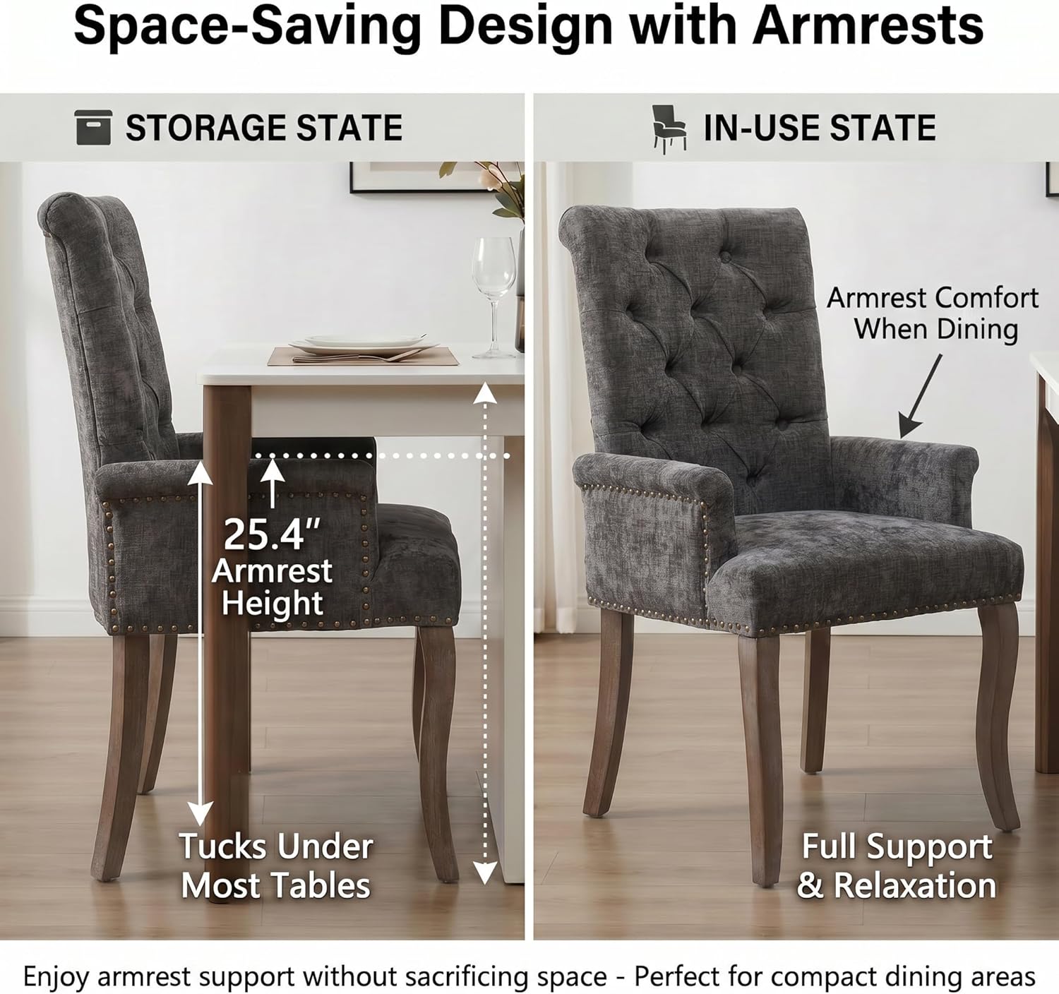 Upholstered Dining Chairs with Arms, Tufted Chenille Kitchen Chairs with Arms, Modern Farmhouse Armchair with Nailhead Trim for Dining Room, Home Office (Gray, 1 Pack)