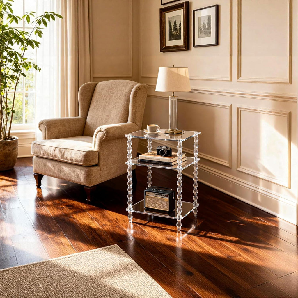 Acrylic Side Table Clear 3-Tier End Table for Living Room, Office, Hallway, Bedroom,Bathroom (Clear, Nomal)