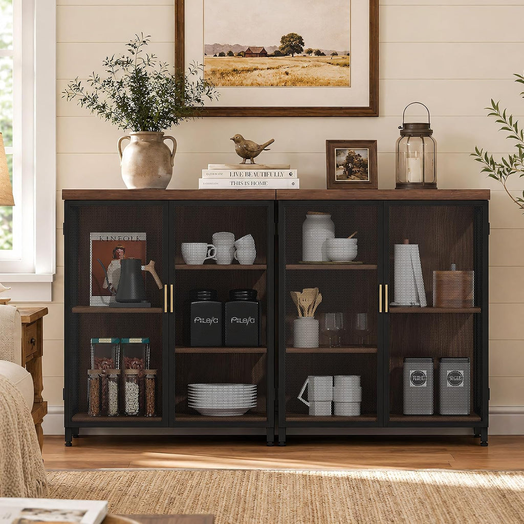 Buffet Cabinet, Metal Mesh Storage Sideboard with Adjustable Shelves, Coffee Bar Cabinet for Dining Room, Kitchen, Living Room, Entryway,Vintage Brown