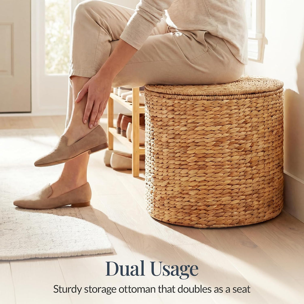 Best Choice Products Large Round Storage Ottoman W/Lid, Handwoven Water Hyacinth Footstool, Accent Stool, Side Table, Storage Container, Plant Stand For Living Room, Office, or Bedroom - Natural