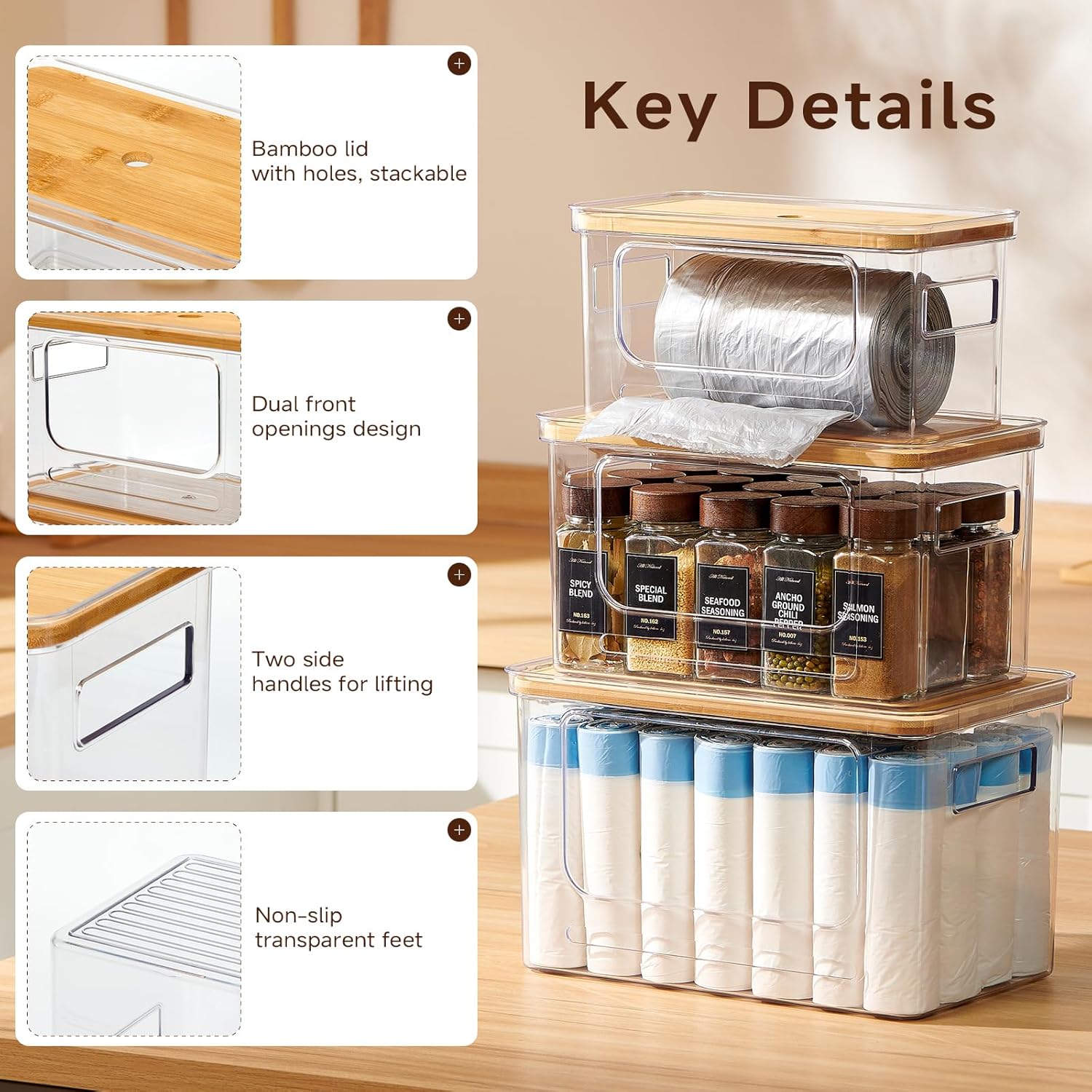 3-Pack Trash Bag Holder,Trash Bag Dispenser with Bamboo Lid, Stackable Acrylic Garbage Bag Dispenser for Under Sink Use in Kitchen, Laundry Room, and Pantry, Large Capacity Garbage Bag Holder