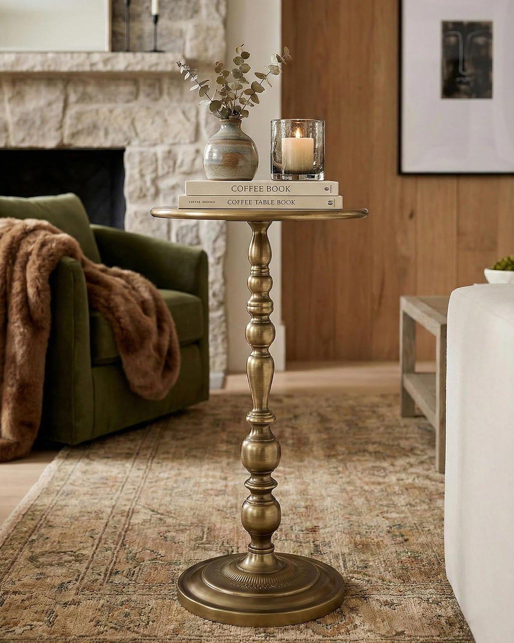 Bronze Side Table, Art Deco Vintage Metal End Table 25" Height, Accent Cocktail Table for Living Room, Small Spaces, Polished Brass Finish, Corrosion-Resistant Cast Aluminum
