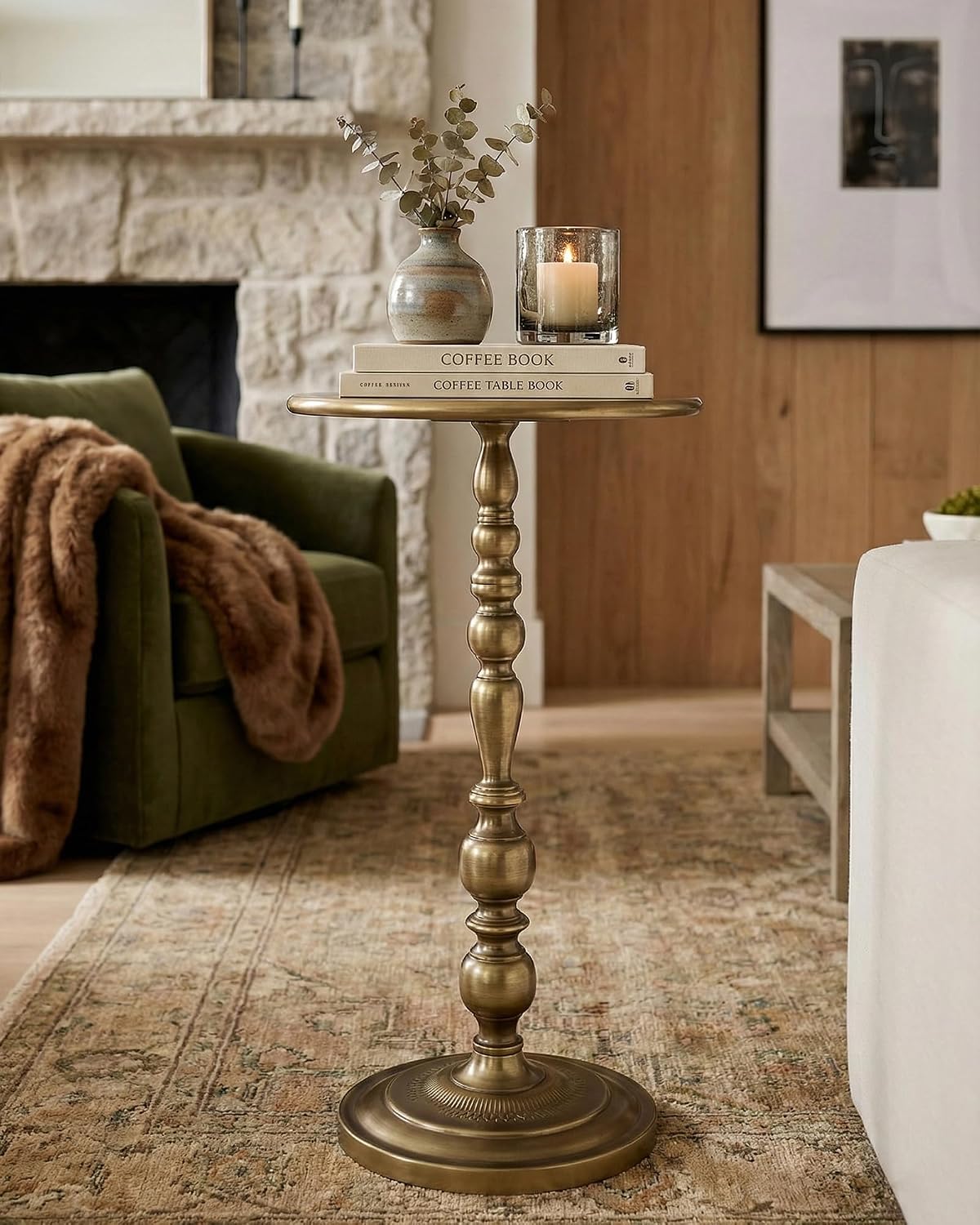 Bronze Side Table, Art Deco Vintage Metal End Table 25" Height, Accent Cocktail Table for Living Room, Small Spaces, Polished Brass Finish, Corrosion-Resistant Cast Aluminum