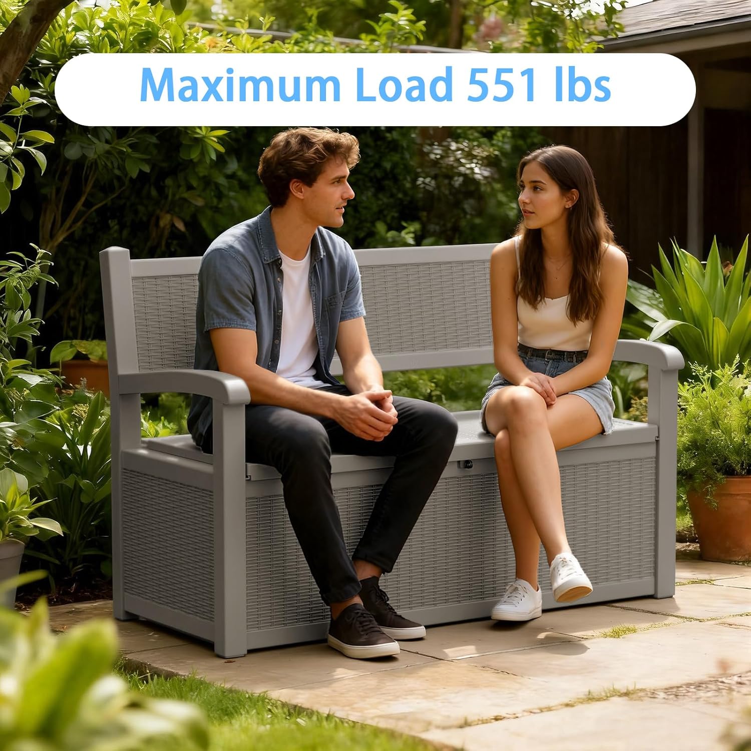 80 Gallon Resin Outdoor Storage Bench, Weatherproof Deck Box with Rattan Texture, 2-3 Person Garden Bench Seating for Patio Furniture, Pool Toys, Cushions, Lockable & 500lbs Capacity, Gray