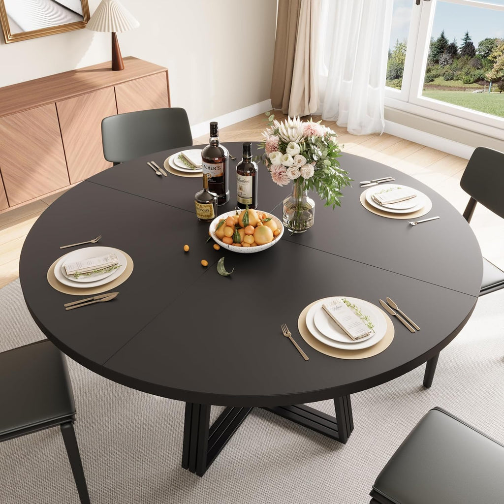 Garvee 47 in Inch Round Dining Table for 4, Farmhouse Dining Room Circle Dinner Table,Space Saving Wood Kitchen & Dining Room Furniture, Round Tables with Storage and Metal Square Legs, Black