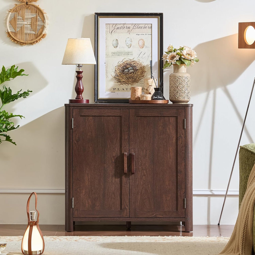 Joaxswe Sideboard Buffet Cabinet with Storage, 31.5" Arc-Shaped Credenza with 2 Doors & Adjustable Shelves, Mid Century Modern Coffee Bar Storage Cabinet for Kitchen, Living Room, Entryway, Walnut