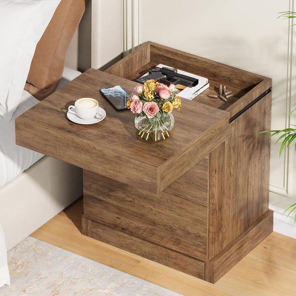 Nightstand with Gun Drawer, Farmhouse Bedside Table with Hidden Storage, Side End Table for Living Room, Bedroom, Little Spaces (Rustic Oak)