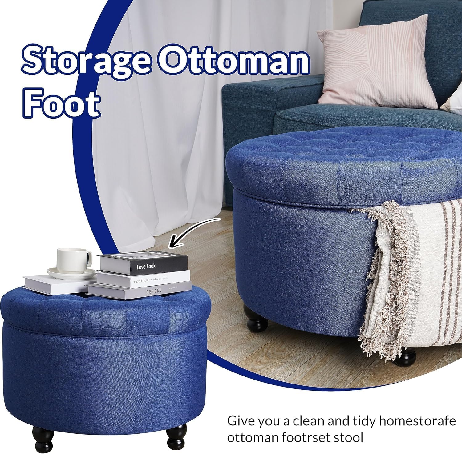 Elevon Large Button Tufted Accent Round Storage Ottoman Upholstered Ottoman with Storage for Living Room & Bedroom, 24.4" x 24.4" x 16.9", Navy Blue