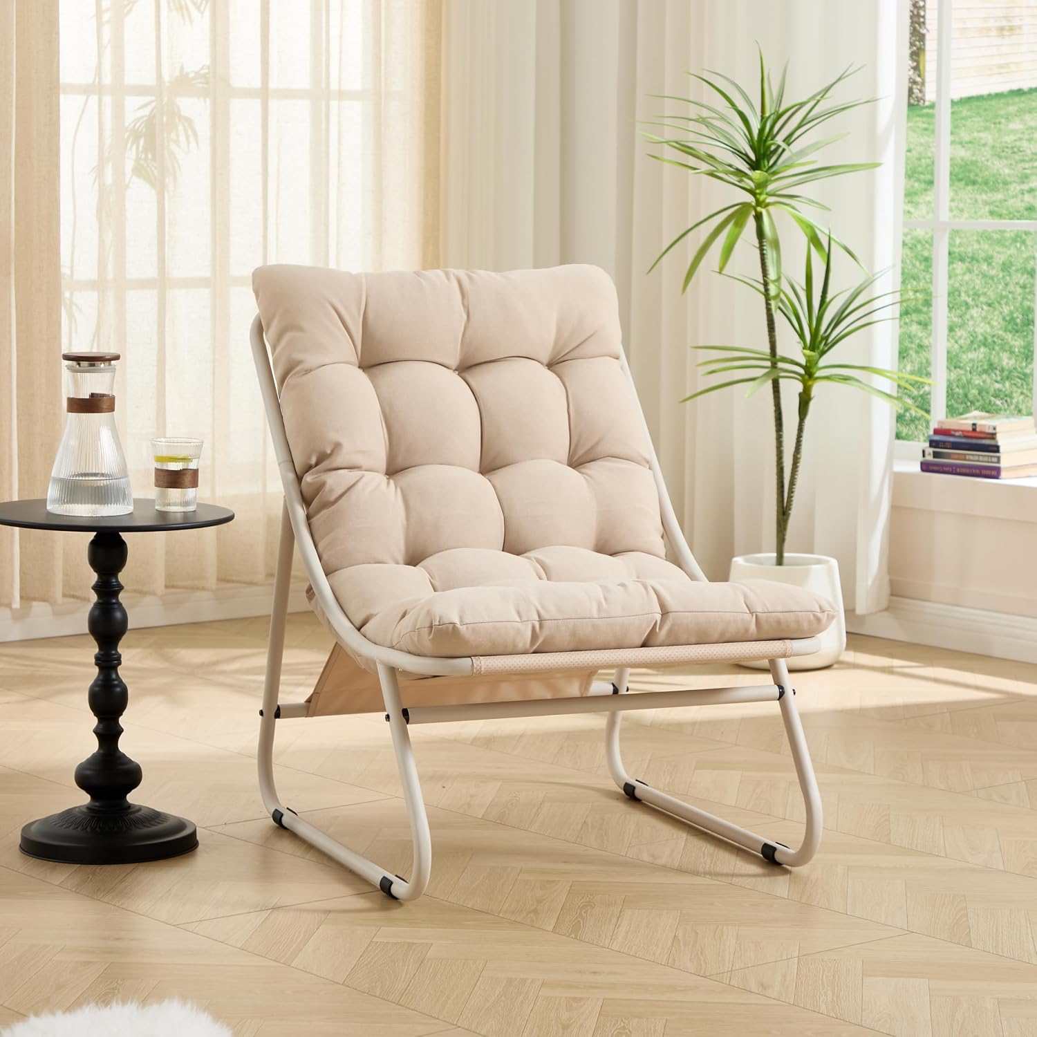 Polay Patio Outdoor Lounge Chair with Ottoman, Comfy Sling Recliner Chair with Puffy Cushion and Foot Stool, Foot Rest Pouf Ottoman for Living Room, Bedroom, Reading Room,A2