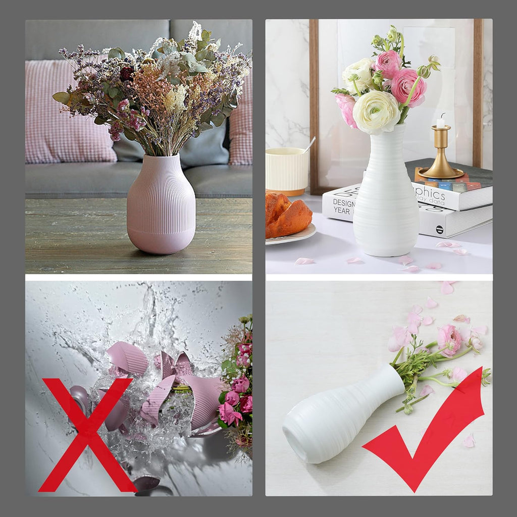 White Plastic Flower Vase, Ceramic-Look Decorative Vase for Flowers, Small and Cute for Home Living Room Dining Wedding Bouquet Decor (8 inches)