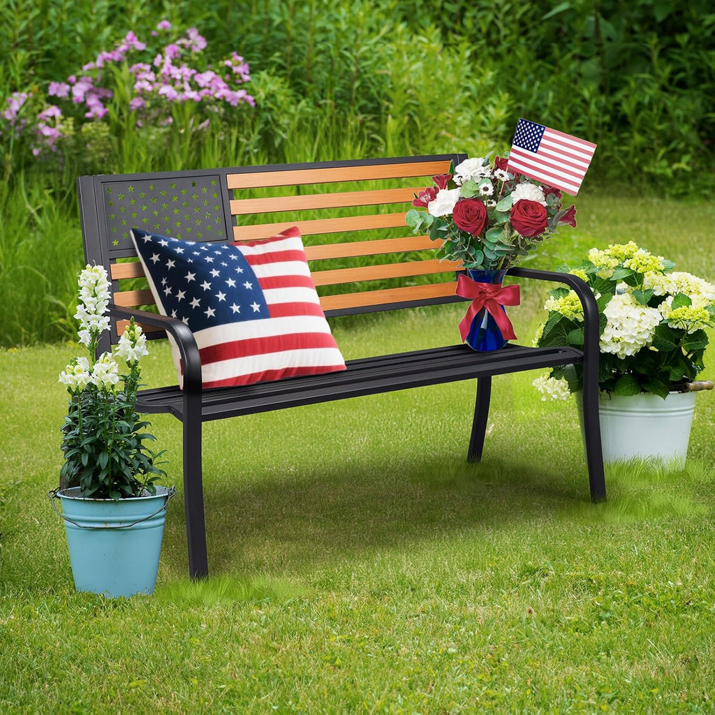 VINGLI Outdoor Metal Bench, 50in Weatherproof Garden Bench w/American Flag Style, 2-Person Sturdy Steel Patio Bench for Front Porch Yard Park