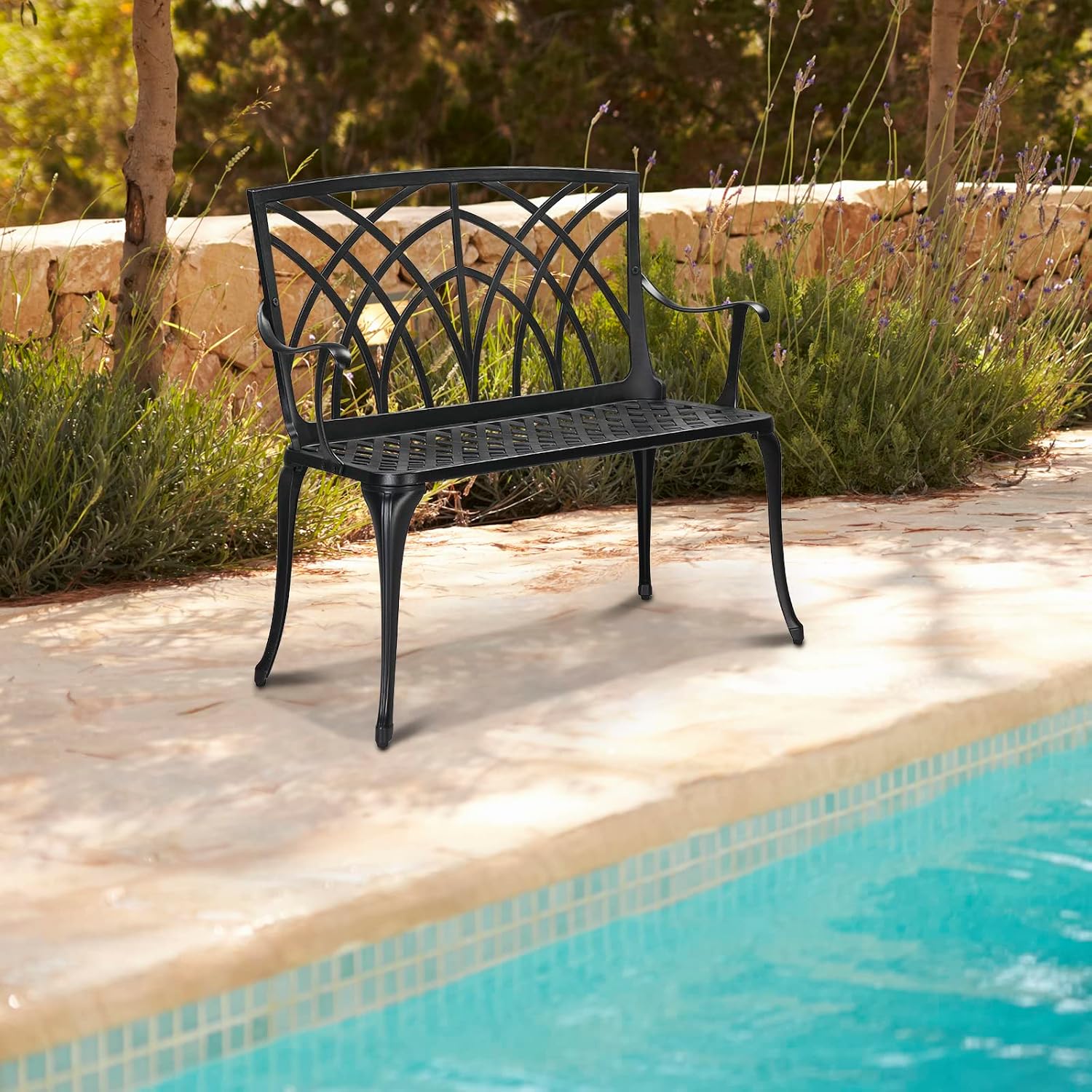 Bonnlo 38" Outdoor Bench, Aluminum Garden Bench with Orchid Patten, Anti-Slip Entryway Bench 1-2 Person Seat for Patio, Lawn, Backyard (Black)