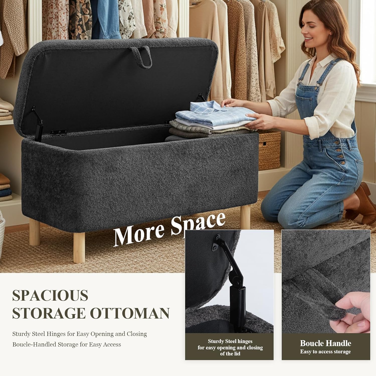 Ottoman with Storage, Storage Ottoman Bench, Entryway Bench with Wood Legs for Living Room, Bedroom, Sitting Area, Dark Grey