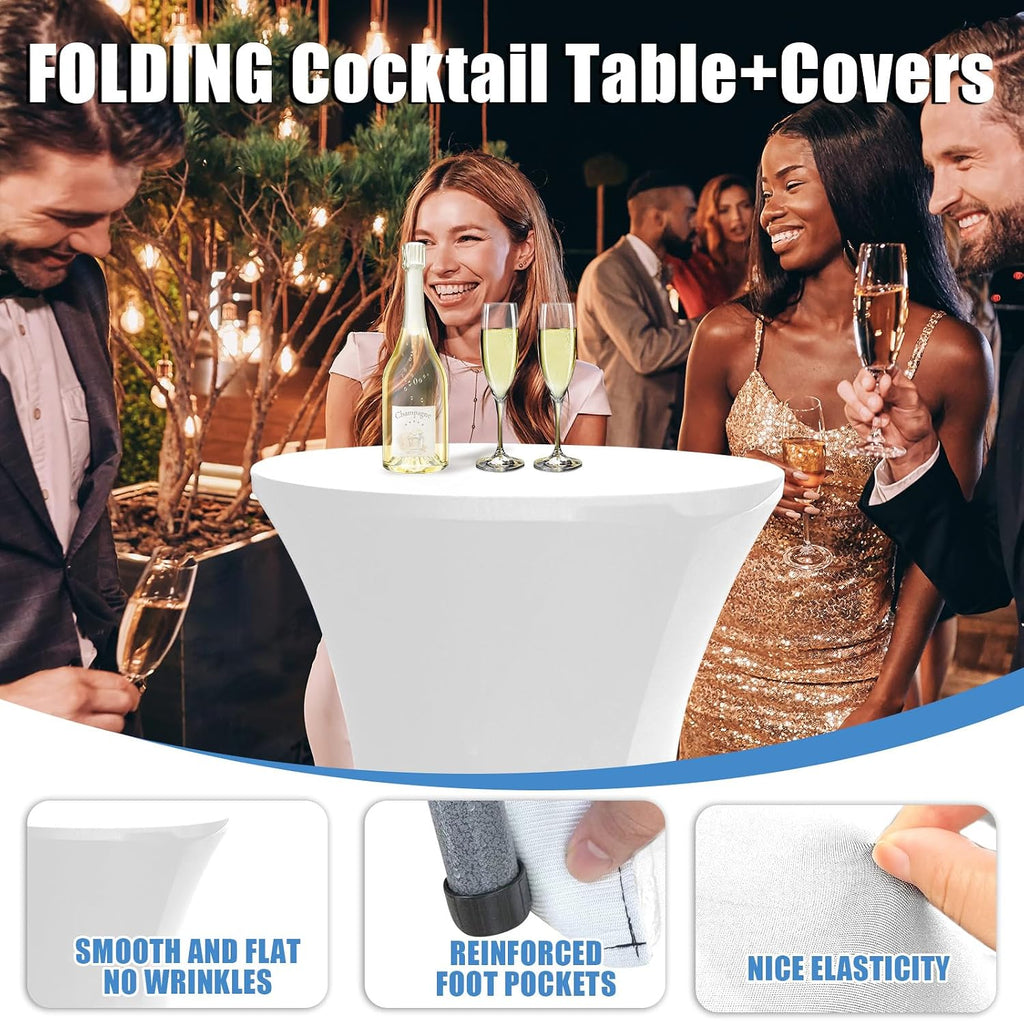 2Sets 32in Hightop Folding Cocktail Tables+Covers, White-Spandex Stretch Folding Bar Table Covers, Removable Legs Bar Height Folding Table Outdoor Indoor Use (2+2White/2Covers+2Tables)