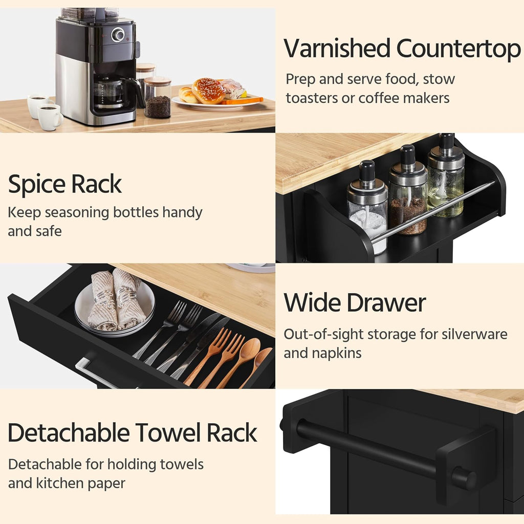 Yaheetech Kitchen Cart with Drawer, Kitchen Island on Wheels with Storage Rack & Cabinets, Microwave Cart for Kitchen with Storage, Rolling Coffee Cart Station, Black