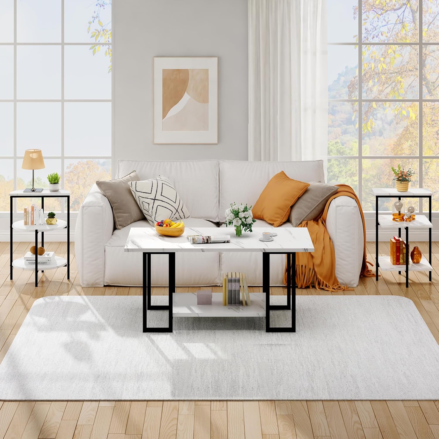 AWQM Faux Marble Table Set,Coffee Table & 2 Side Table, Faux Marble Tabletop and Metal Frame, 3 Piece Table Sets, for Living Room Apartment,White & Black