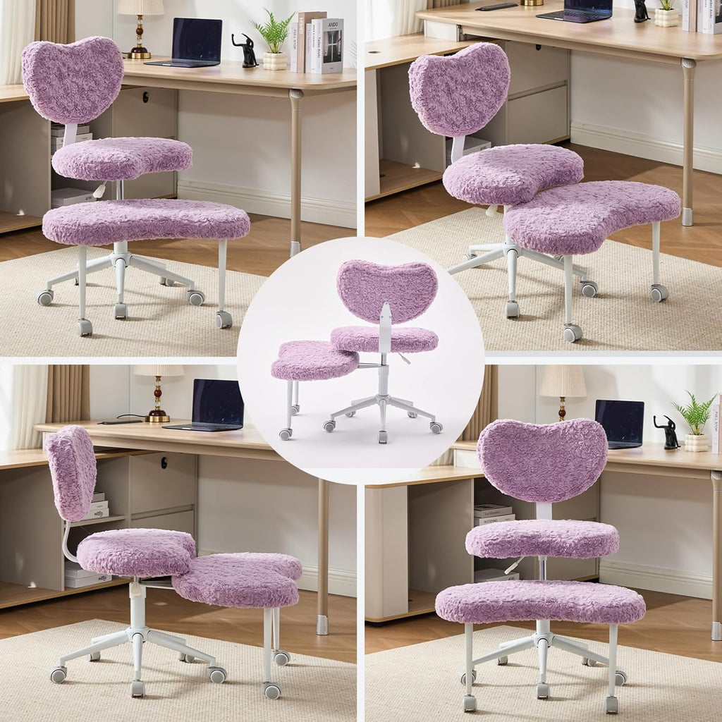 Meditation Chair with Wheels, Ergonomic Criss Cross Chair, Adjustable ADHD Floor Sitting Chair, Swivel Cross Legged Office Chair with High Back, Kneeling Posture Chair, Plush Faux Fur Fabric（Violet）
