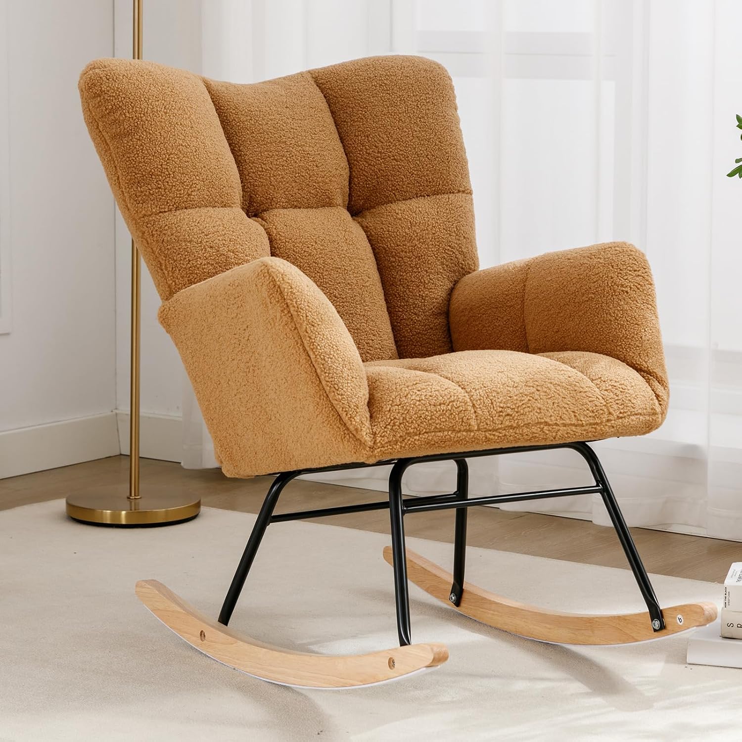 Modern Nursery Rocking Chair, Upholstered Glider Chair with High Backrest, Rocker Accent Armchair with Solid Wood Legs for Nursery Bedroom Living Room (Khaki Teddy)