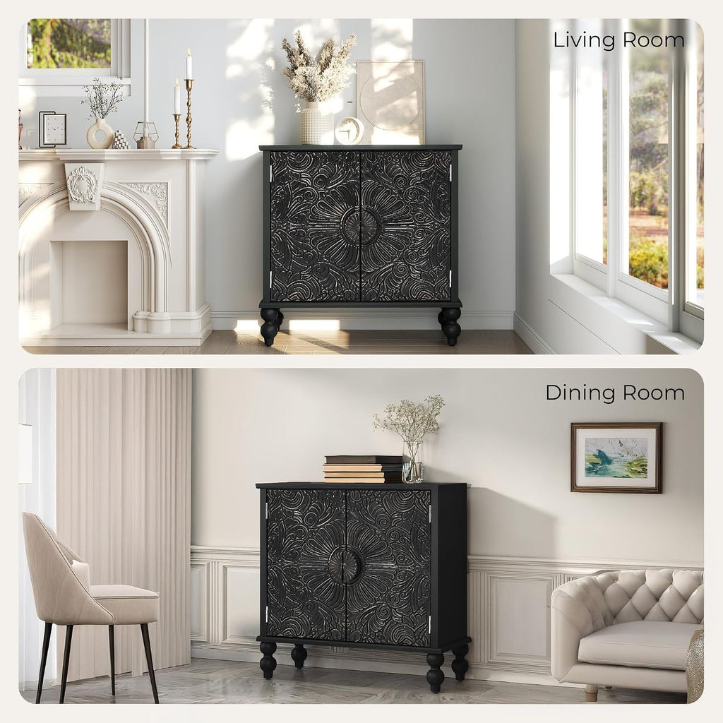 Buffet Cabinet with Storage, Accent Cabinet with 2 Carved Doors, Solid Wood Sideboard with Adjustable Shelf, Vintage Cabinets for Kitchen, Living Room, Entryway, Black