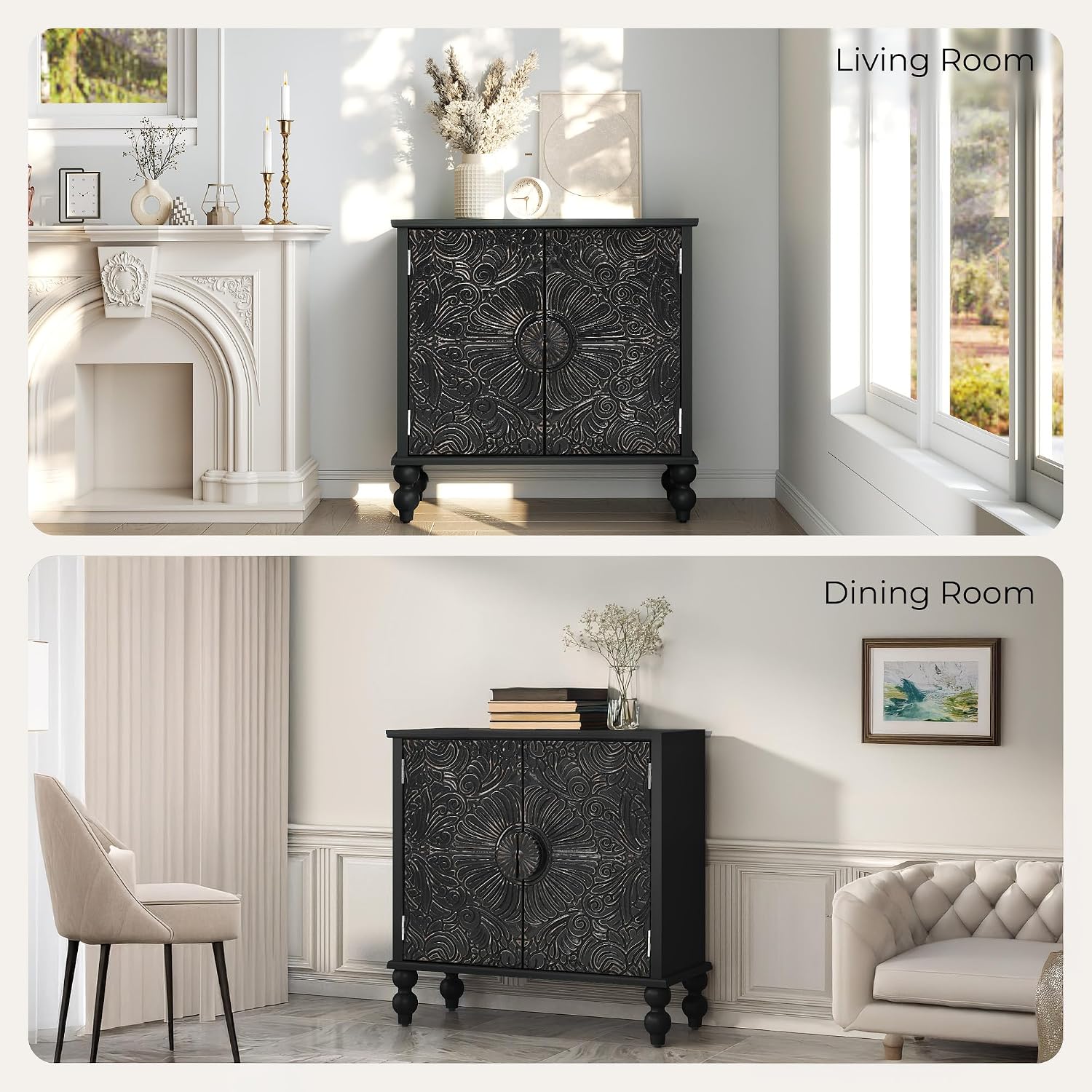 Buffet Cabinet with Storage, Accent Cabinet with 2 Carved Doors, Solid Wood Sideboard with Adjustable Shelf, Vintage Cabinets for Kitchen, Living Room, Entryway, Black